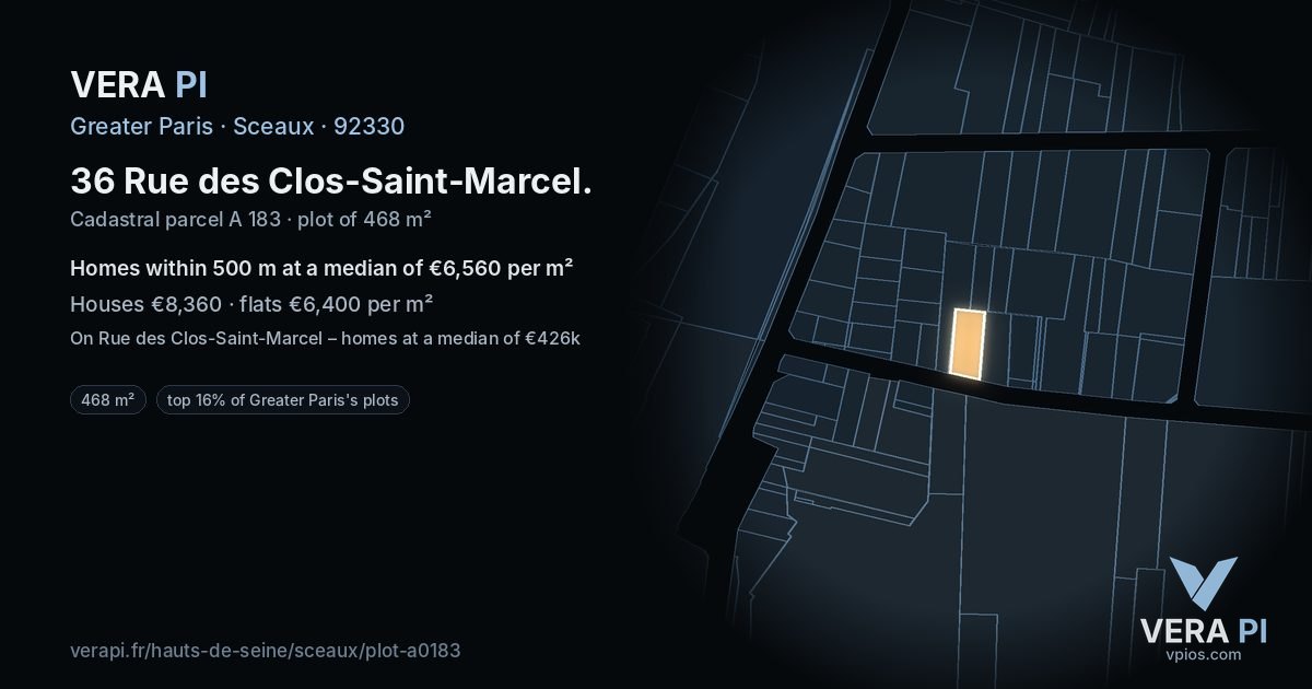 36 Rue des Clos-Saint-Marcel, Sceaux at night – the plot lit, the parcels around coloured by the prices near them
