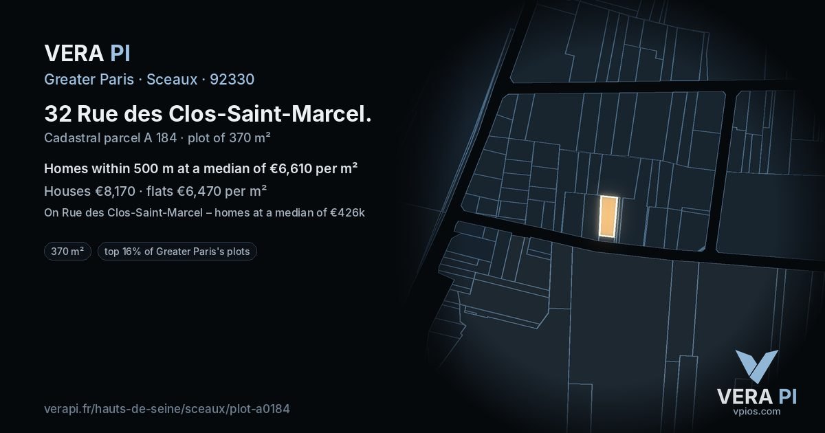 32 Rue des Clos-Saint-Marcel, Sceaux at night – the plot lit, the parcels around coloured by the prices near them