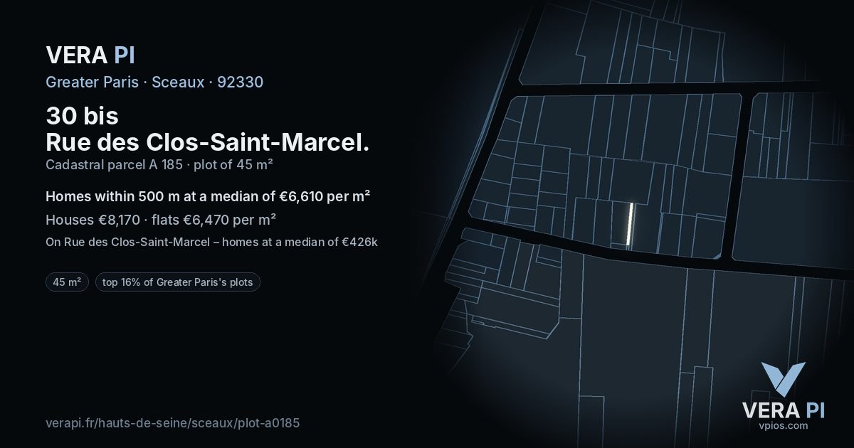 30 bis Rue des Clos-Saint-Marcel, Sceaux at night – the plot lit, the parcels around coloured by the prices near them