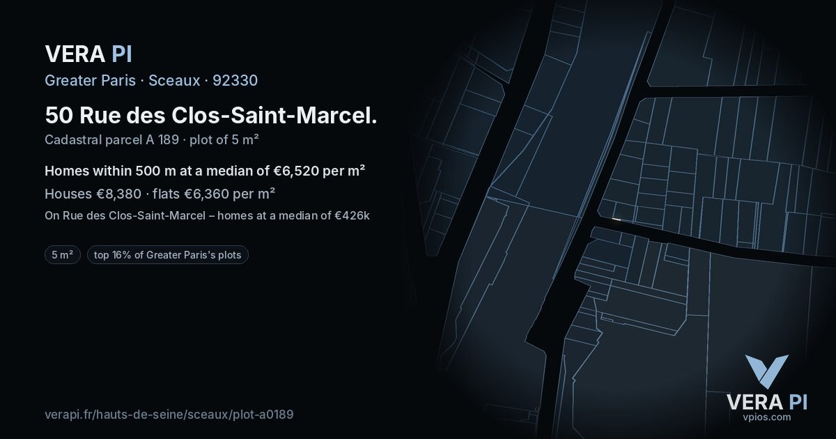 50 Rue des Clos-Saint-Marcel, Sceaux at night – the plot lit, the parcels around coloured by the prices near them
