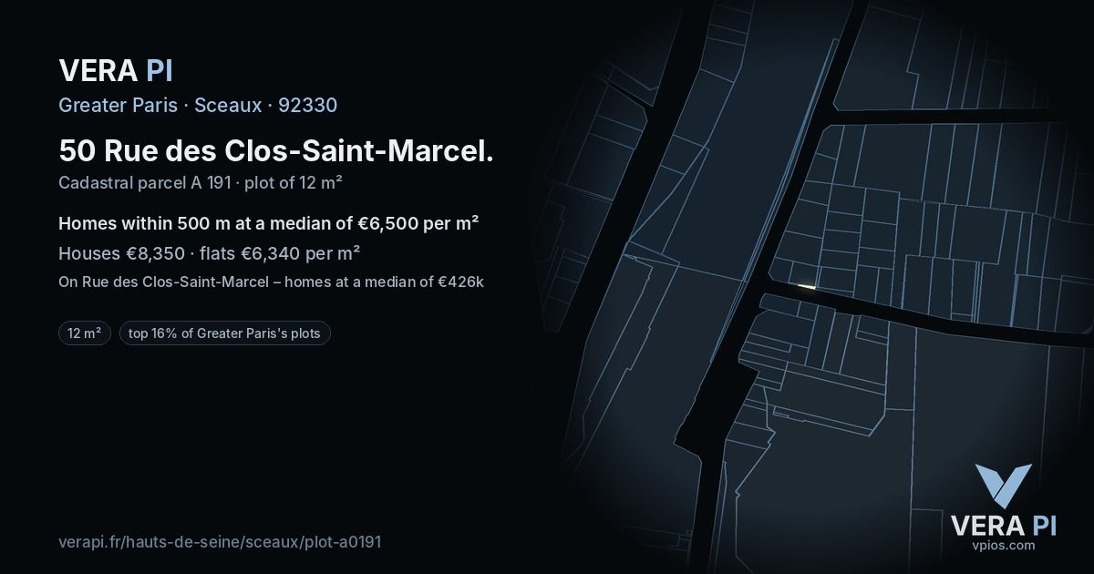 50 Rue des Clos-Saint-Marcel, Sceaux at night – the plot lit, the parcels around coloured by the prices near them