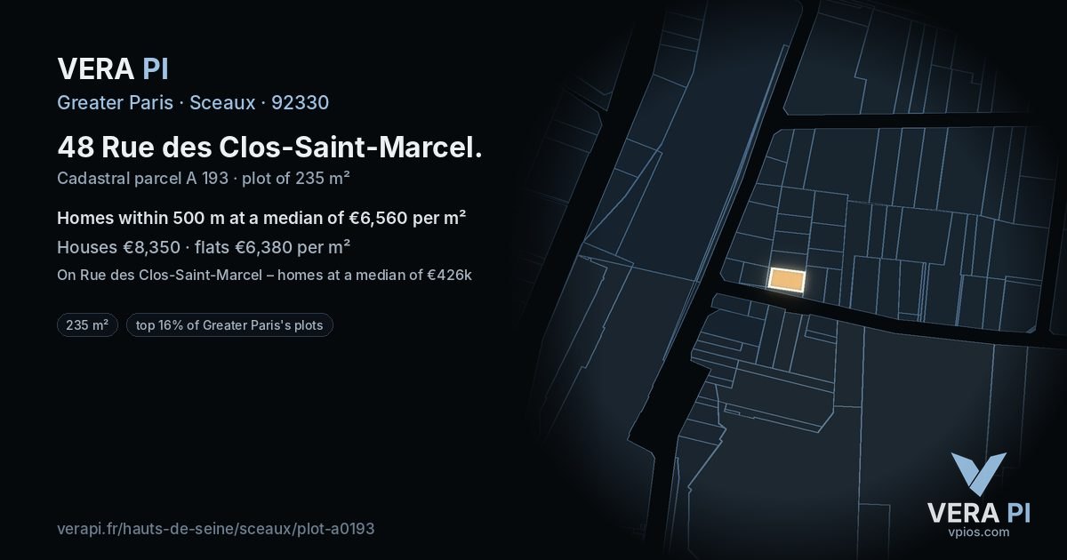 48 Rue des Clos-Saint-Marcel, Sceaux at night – the plot lit, the parcels around coloured by the prices near them