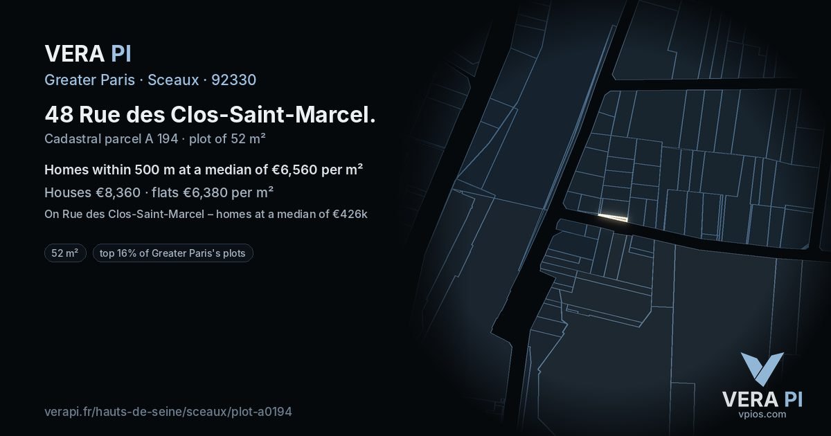 48 Rue des Clos-Saint-Marcel, Sceaux at night – the plot lit, the parcels around coloured by the prices near them