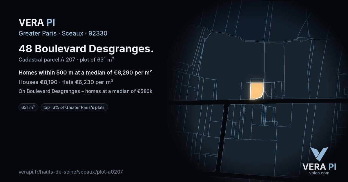 48 Boulevard Desgranges, Sceaux at night – the plot lit, the parcels around coloured by the prices near them
