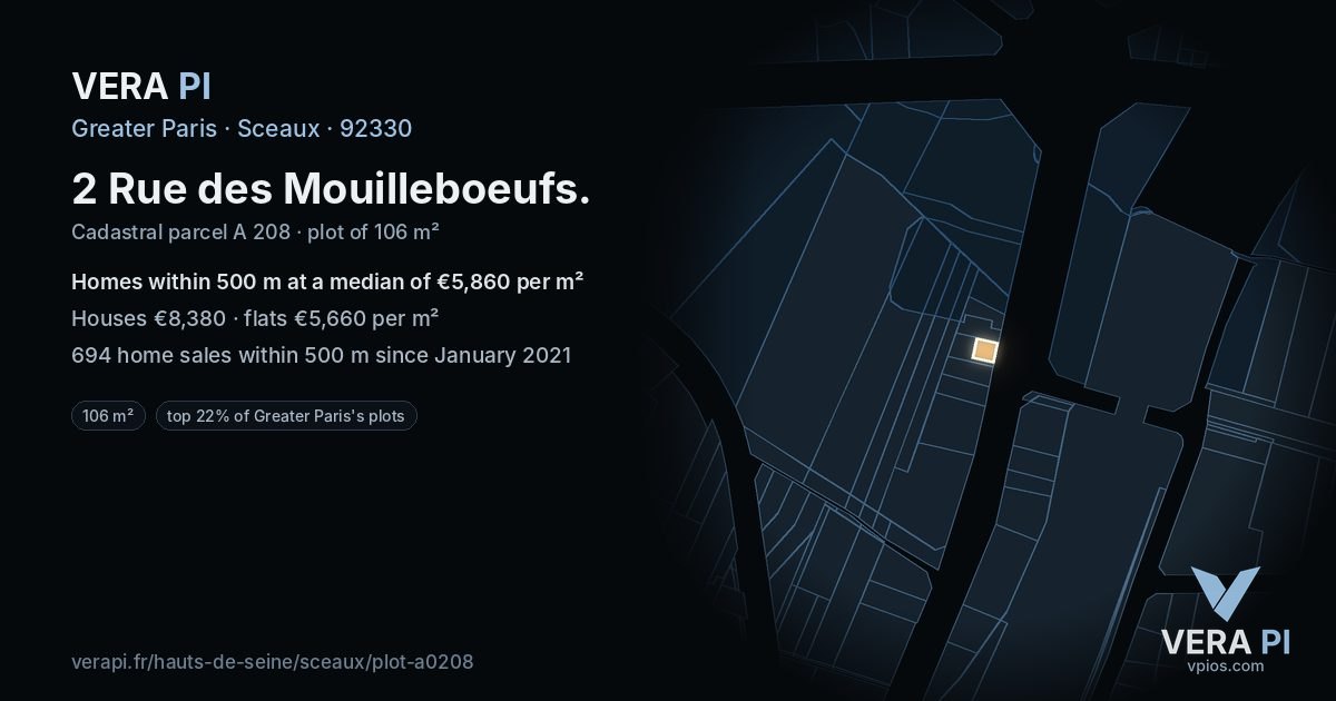 2 Rue des Mouilleboeufs, Sceaux at night – the plot lit, the parcels around coloured by the prices near them