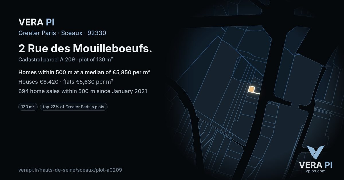 2 Rue des Mouilleboeufs, Sceaux at night – the plot lit, the parcels around coloured by the prices near them