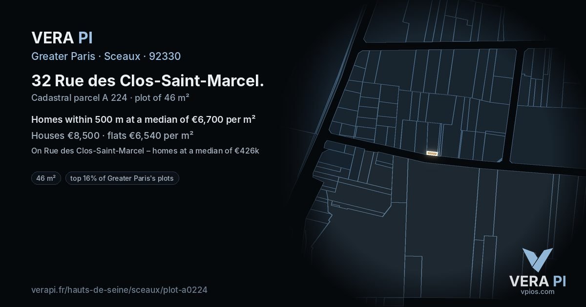 32 Rue des Clos-Saint-Marcel, Sceaux at night – the plot lit, the parcels around coloured by the prices near them