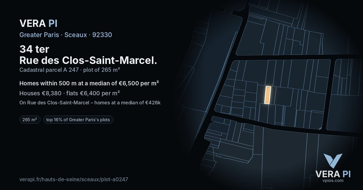 34 ter Rue des Clos-Saint-Marcel, Sceaux at night – the plot lit, the parcels around coloured by the prices near them