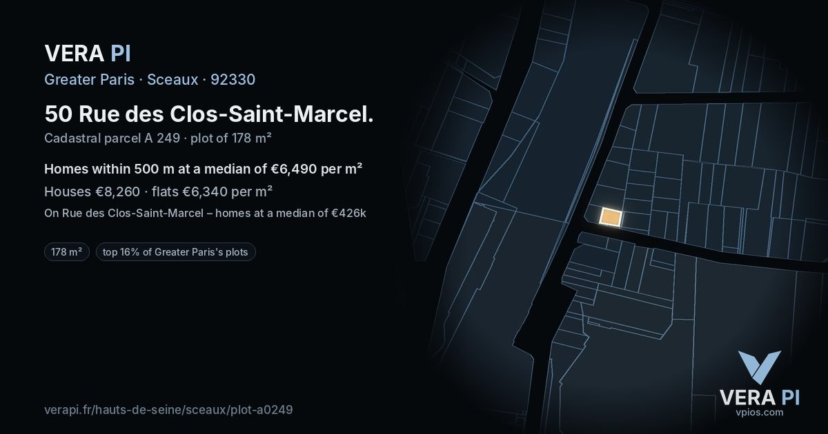 50 Rue des Clos-Saint-Marcel, Sceaux at night – the plot lit, the parcels around coloured by the prices near them