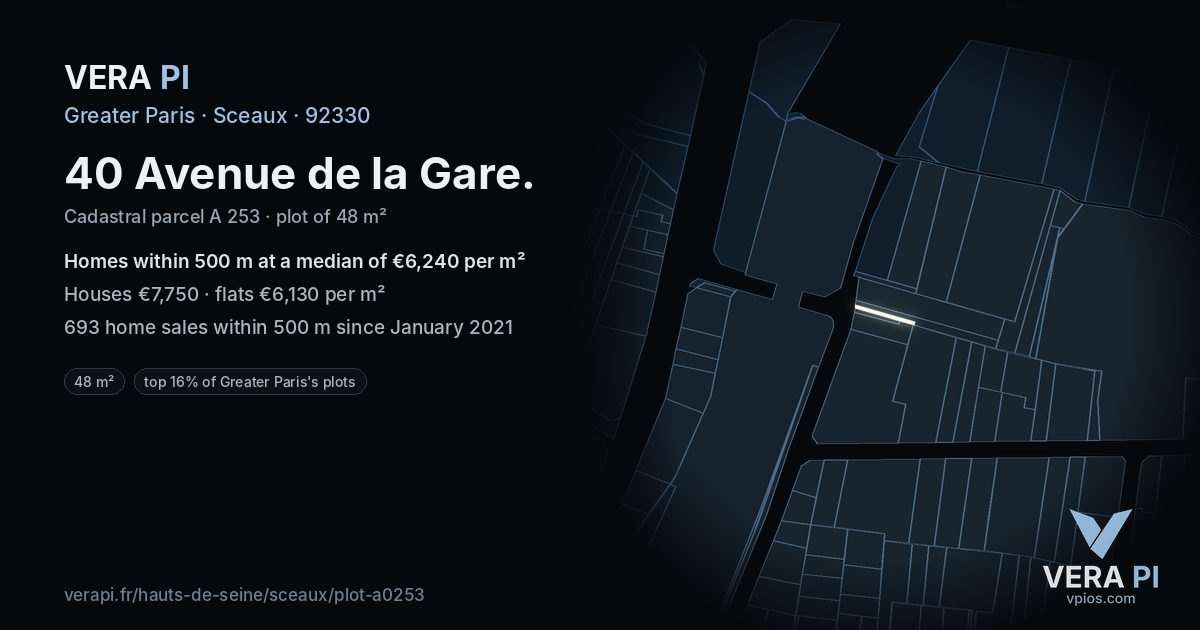40 Avenue de la Gare, Sceaux at night – the plot lit, the parcels around coloured by the prices near them