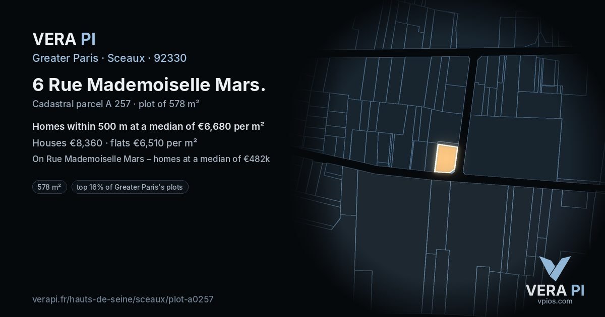 6 Rue Mademoiselle Mars, Sceaux at night – the plot lit, the parcels around coloured by the prices near them