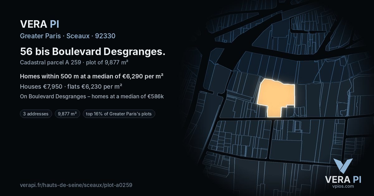 56 bis Boulevard Desgranges, Sceaux at night – the plot lit, the parcels around coloured by the prices near them