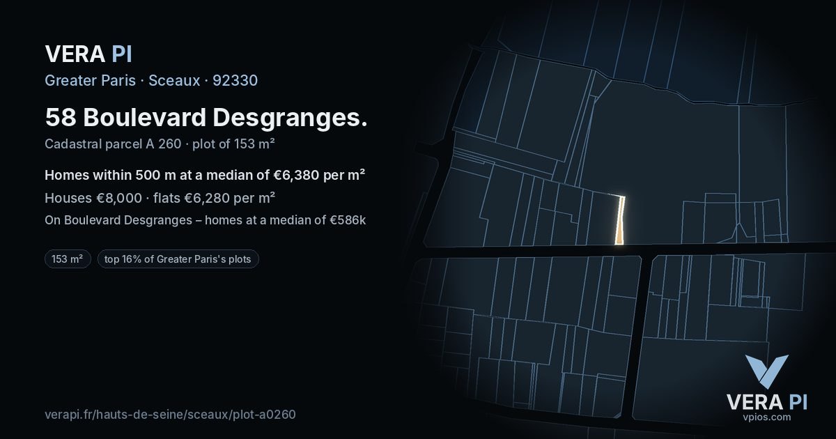 58 Boulevard Desgranges, Sceaux at night – the plot lit, the parcels around coloured by the prices near them