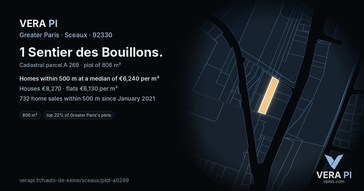 1 Sentier des Bouillons, Sceaux at night – the plot lit, the parcels around coloured by the prices near them