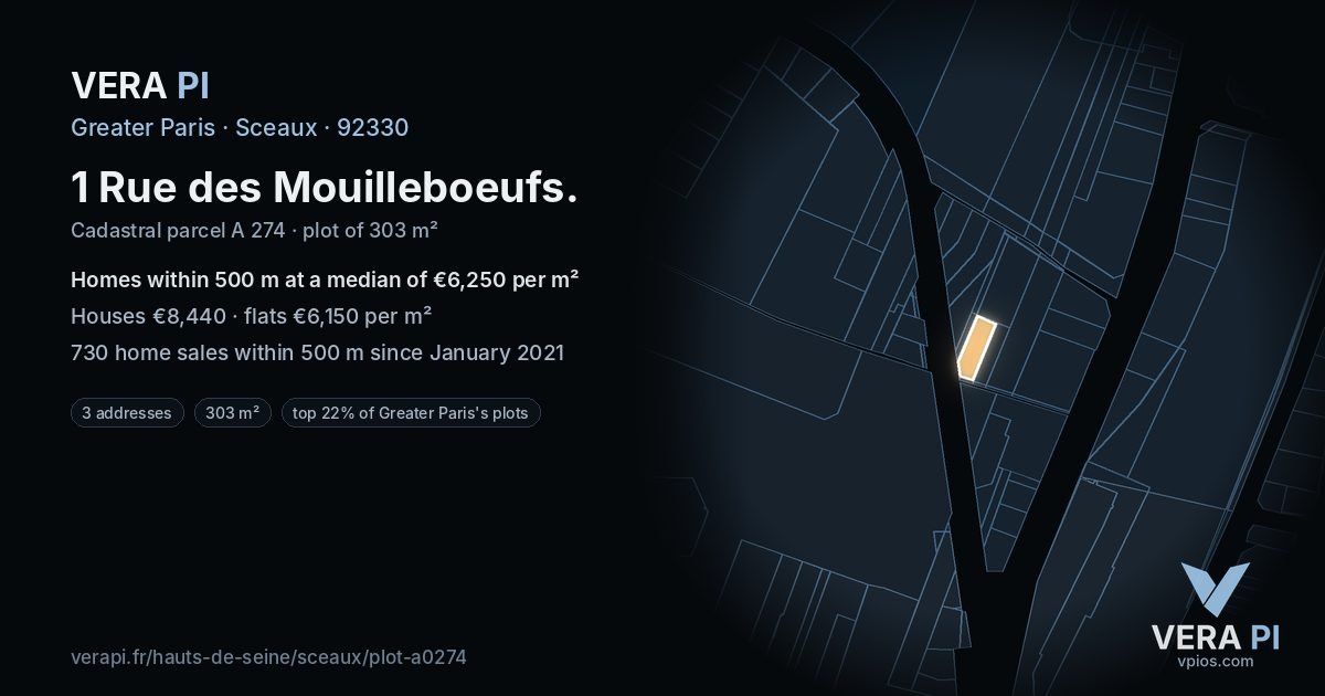 1 Rue des Mouilleboeufs, Sceaux at night – the plot lit, the parcels around coloured by the prices near them