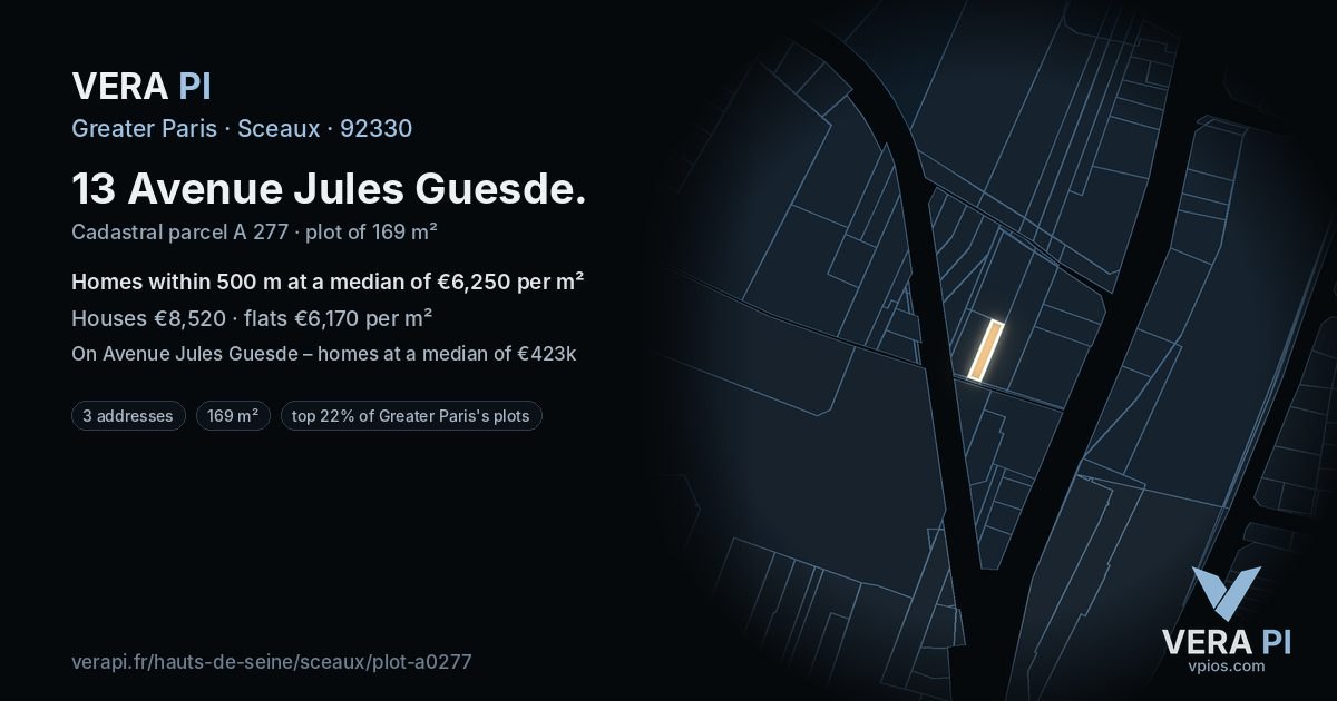 13 Avenue Jules Guesde, Sceaux at night – the plot lit, the parcels around coloured by the prices near them