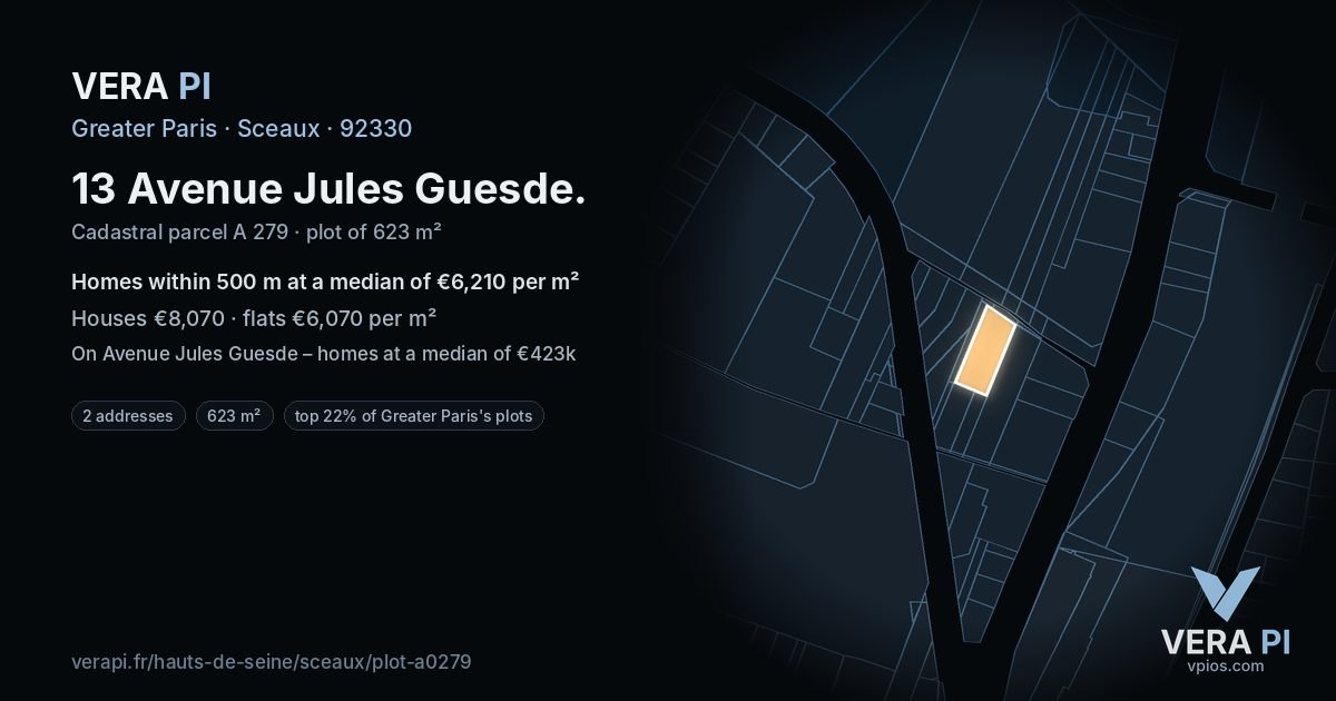 13 Avenue Jules Guesde, Sceaux at night – the plot lit, the parcels around coloured by the prices near them