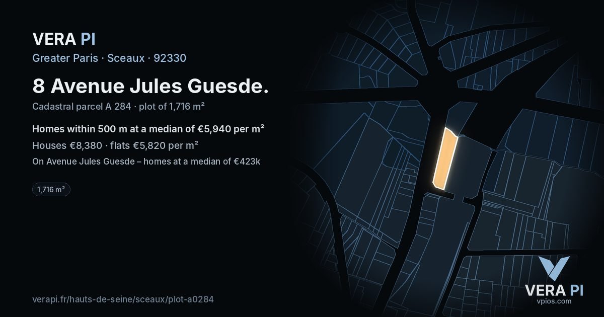 8 Avenue Jules Guesde, Sceaux at night – the plot lit, the parcels around coloured by the prices near them