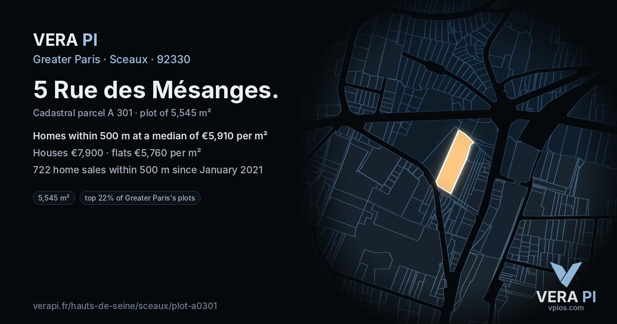 5 Rue des Mésanges, Sceaux at night – the plot lit, the parcels around coloured by the prices near them