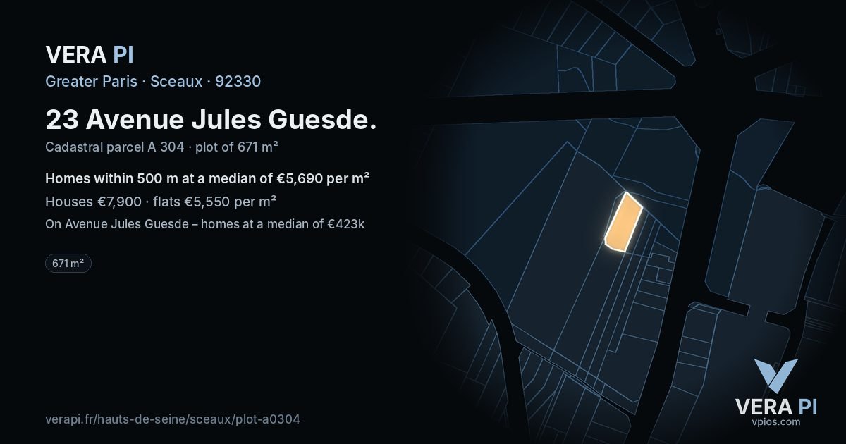 23 Avenue Jules Guesde, Sceaux at night – the plot lit, the parcels around coloured by the prices near them