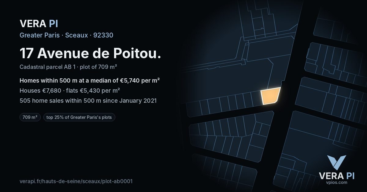 17 Avenue de Poitou, Sceaux at night – the plot lit, the parcels around coloured by the prices near them
