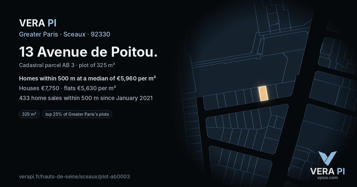 13 Avenue de Poitou, Sceaux at night – the plot lit, the parcels around coloured by the prices near them