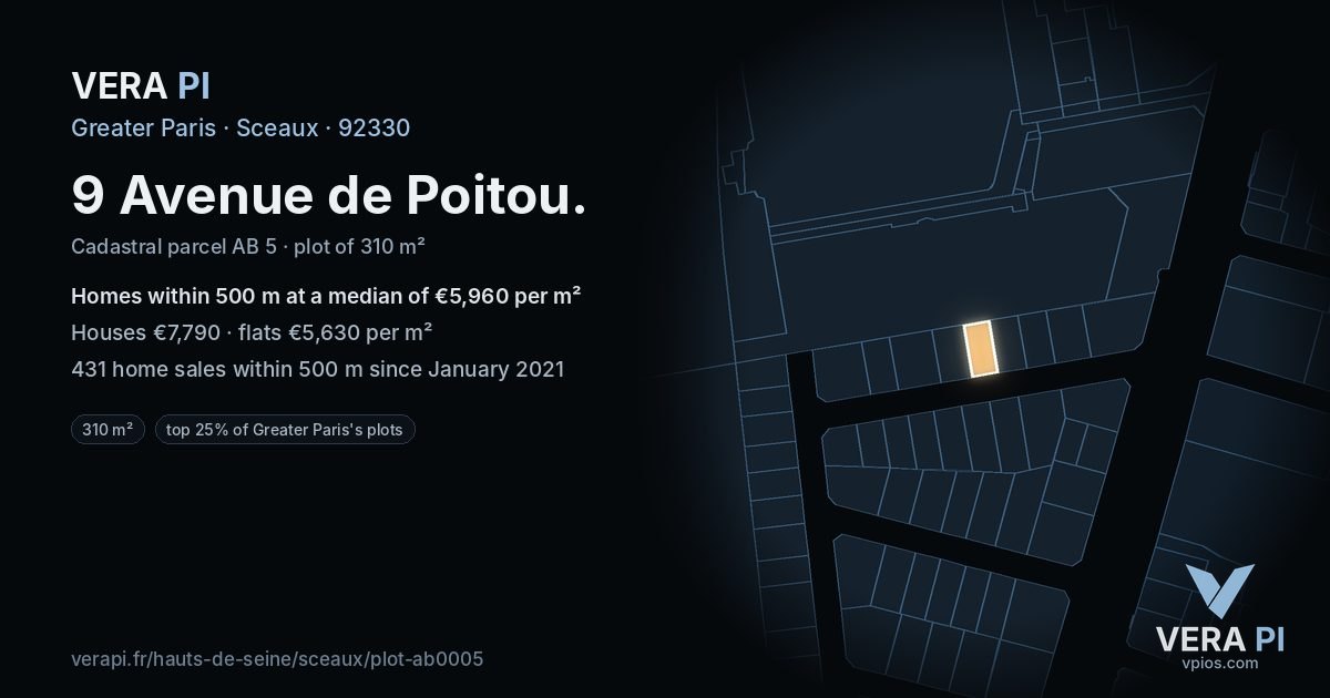 9 Avenue de Poitou, Sceaux at night – the plot lit, the parcels around coloured by the prices near them