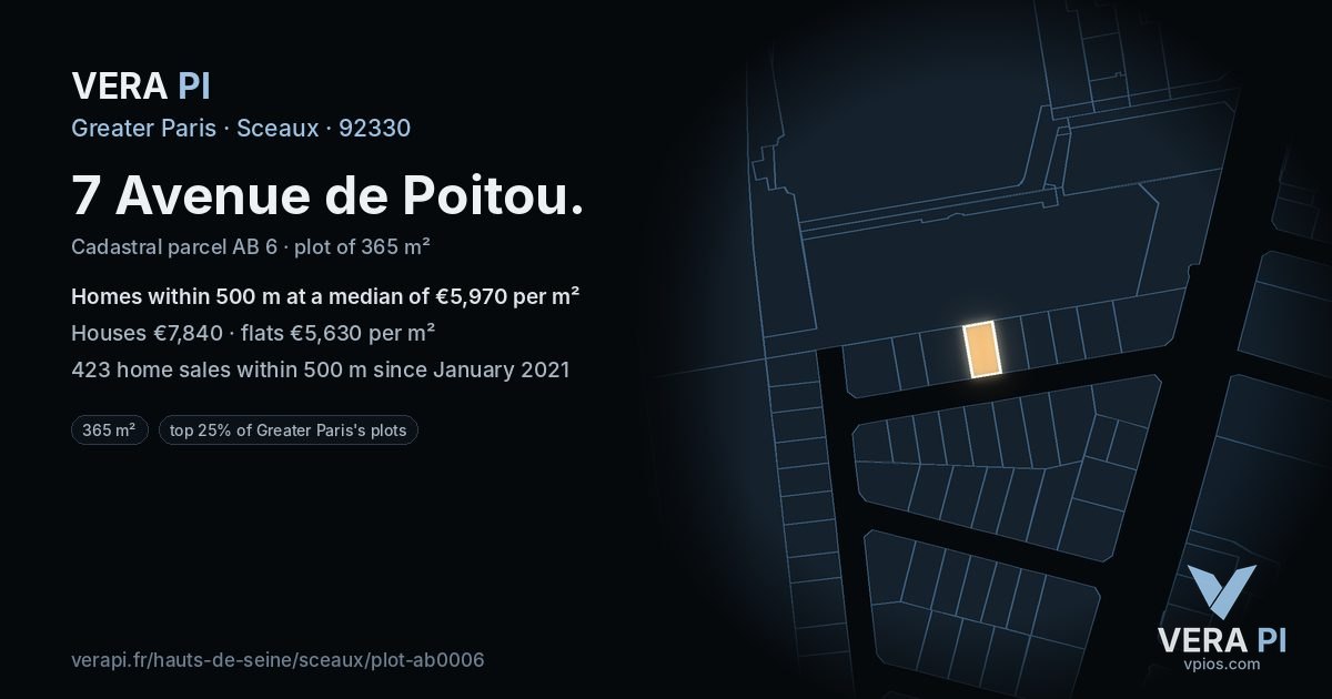 7 Avenue de Poitou, Sceaux at night – the plot lit, the parcels around coloured by the prices near them