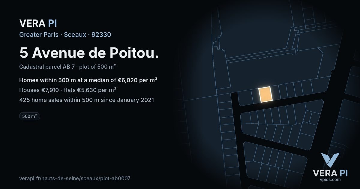 5 Avenue de Poitou, Sceaux at night – the plot lit, the parcels around coloured by the prices near them