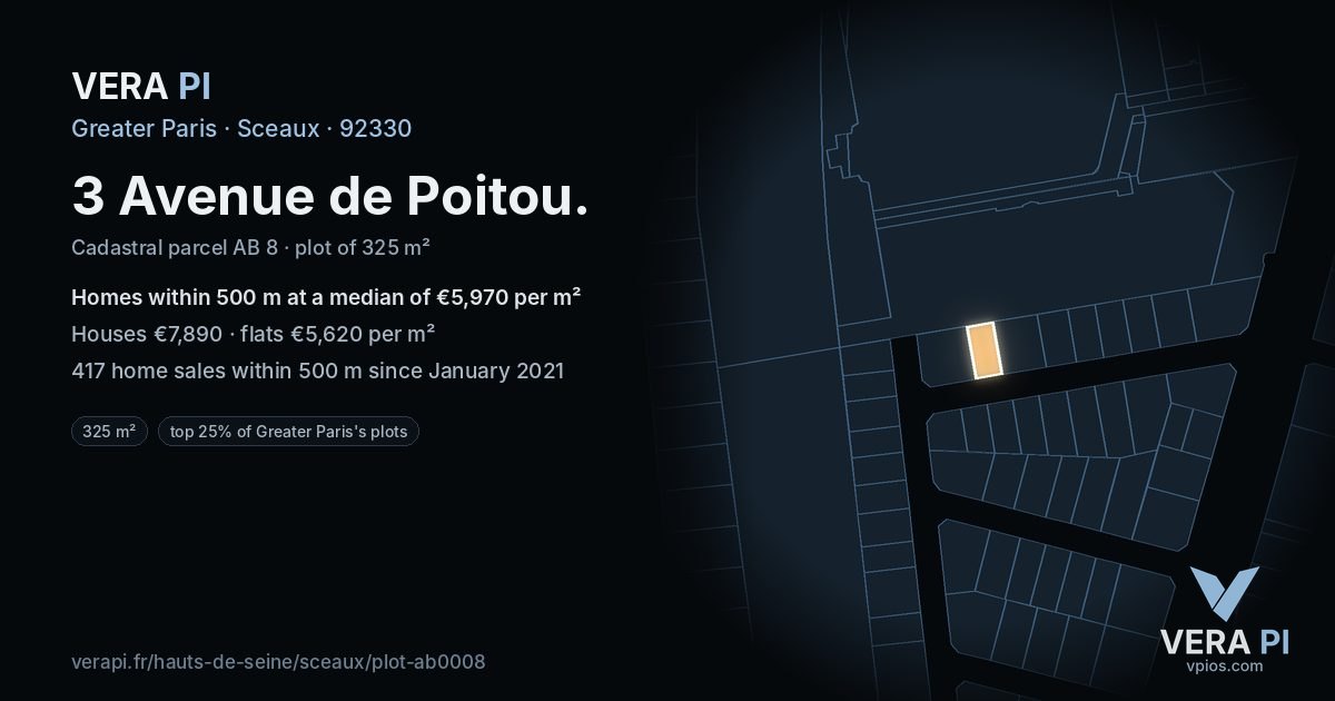 3 Avenue de Poitou, Sceaux at night – the plot lit, the parcels around coloured by the prices near them