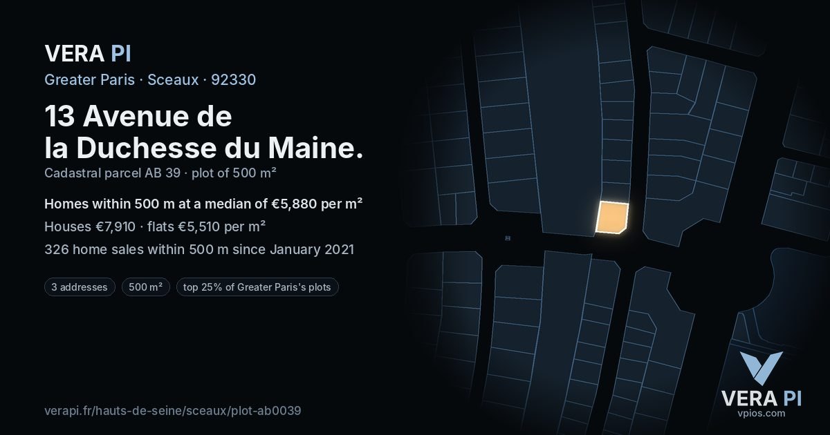 13 Avenue de la Duchesse du Maine, Sceaux at night – the plot lit, the parcels around coloured by the prices near them