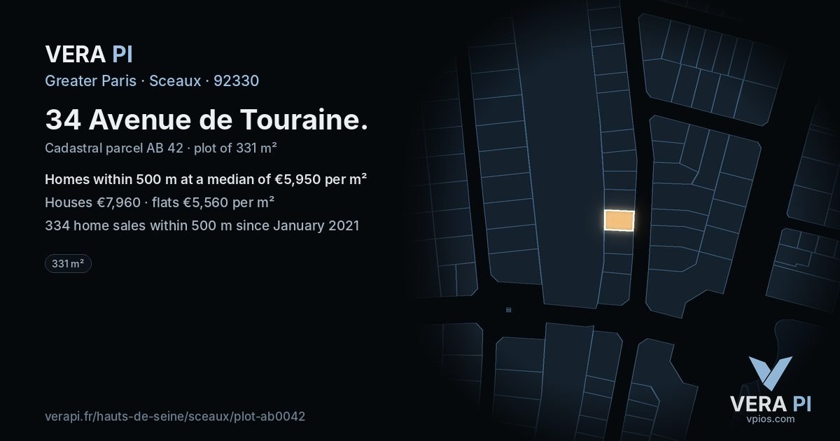 34 Avenue de Touraine, Sceaux at night – the plot lit, the parcels around coloured by the prices near them
