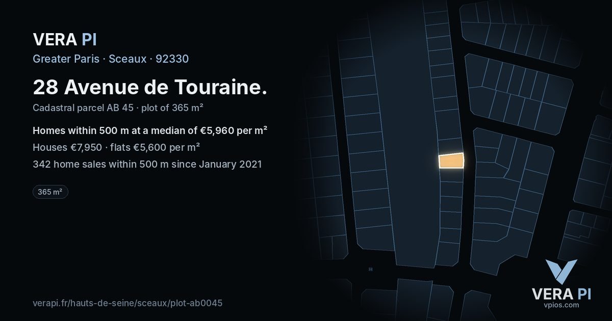 28 Avenue de Touraine, Sceaux at night – the plot lit, the parcels around coloured by the prices near them