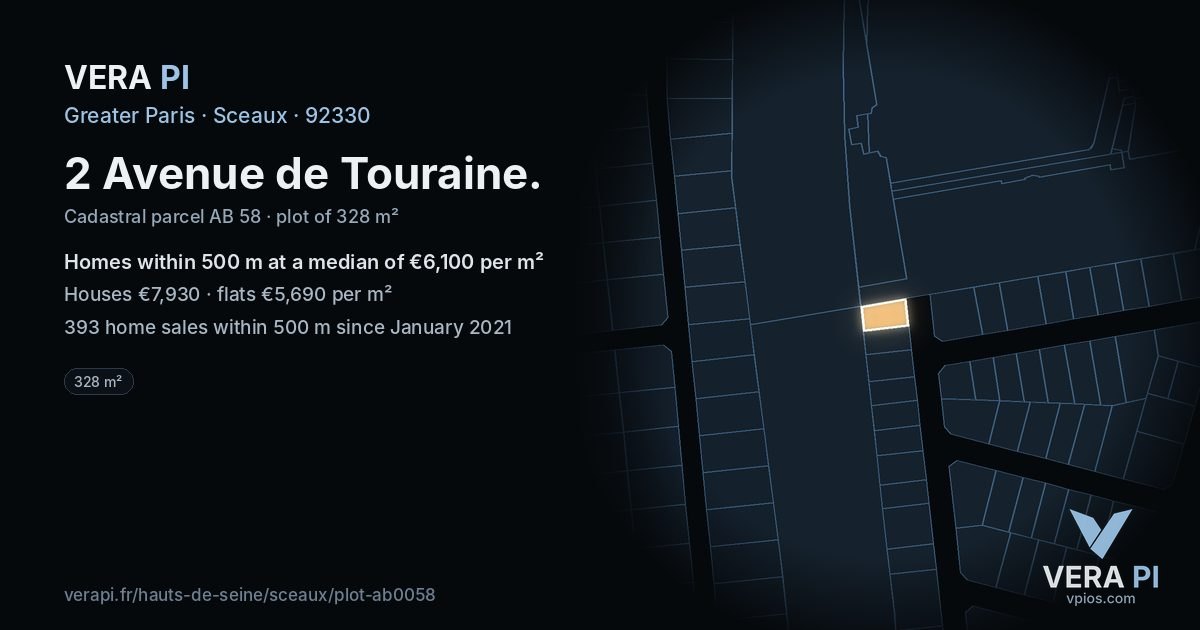 2 Avenue de Touraine, Sceaux at night – the plot lit, the parcels around coloured by the prices near them
