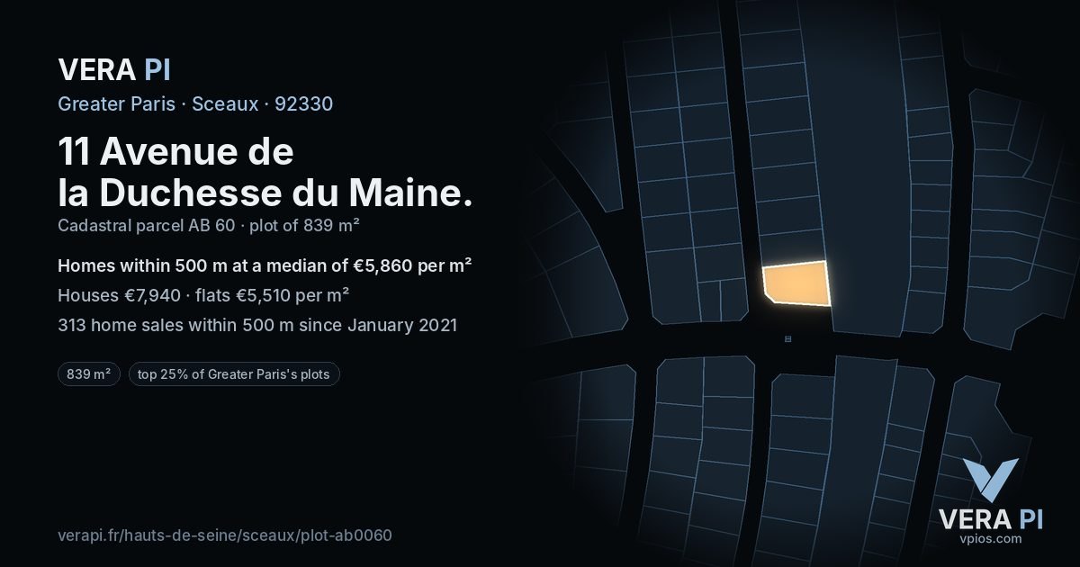 11 Avenue de la Duchesse du Maine, Sceaux at night – the plot lit, the parcels around coloured by the prices near them