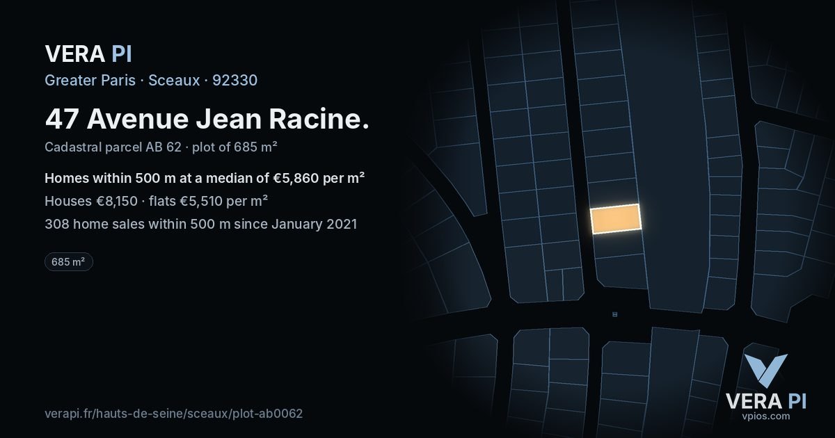 47 Avenue Jean Racine, Sceaux at night – the plot lit, the parcels around coloured by the prices near them