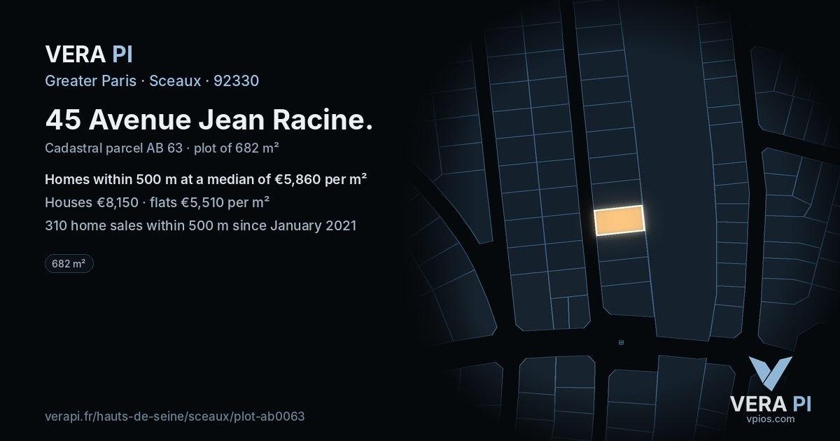 45 Avenue Jean Racine, Sceaux at night – the plot lit, the parcels around coloured by the prices near them