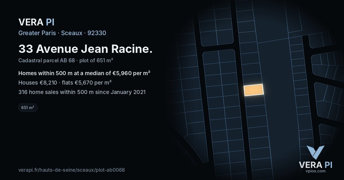 33 Avenue Jean Racine, Sceaux at night – the plot lit, the parcels around coloured by the prices near them