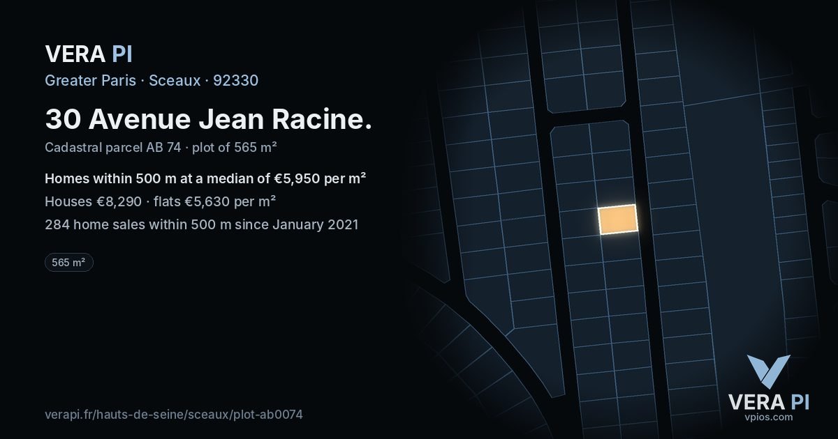 30 Avenue Jean Racine, Sceaux at night – the plot lit, the parcels around coloured by the prices near them