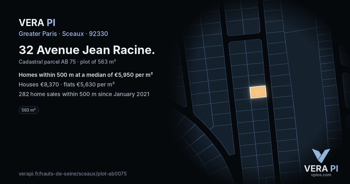 32 Avenue Jean Racine, Sceaux at night – the plot lit, the parcels around coloured by the prices near them