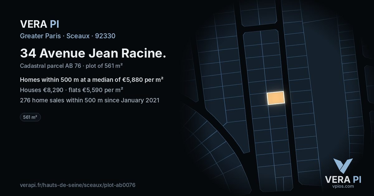 34 Avenue Jean Racine, Sceaux at night – the plot lit, the parcels around coloured by the prices near them