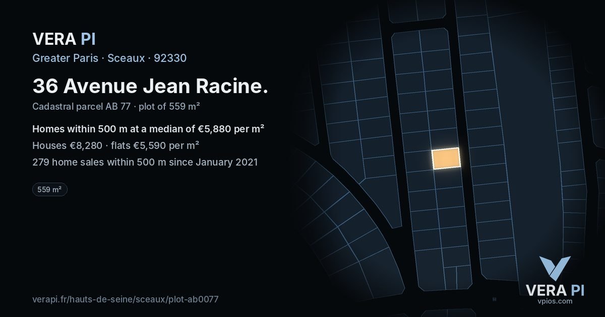 36 Avenue Jean Racine, Sceaux at night – the plot lit, the parcels around coloured by the prices near them