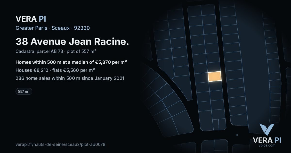 38 Avenue Jean Racine, Sceaux at night – the plot lit, the parcels around coloured by the prices near them
