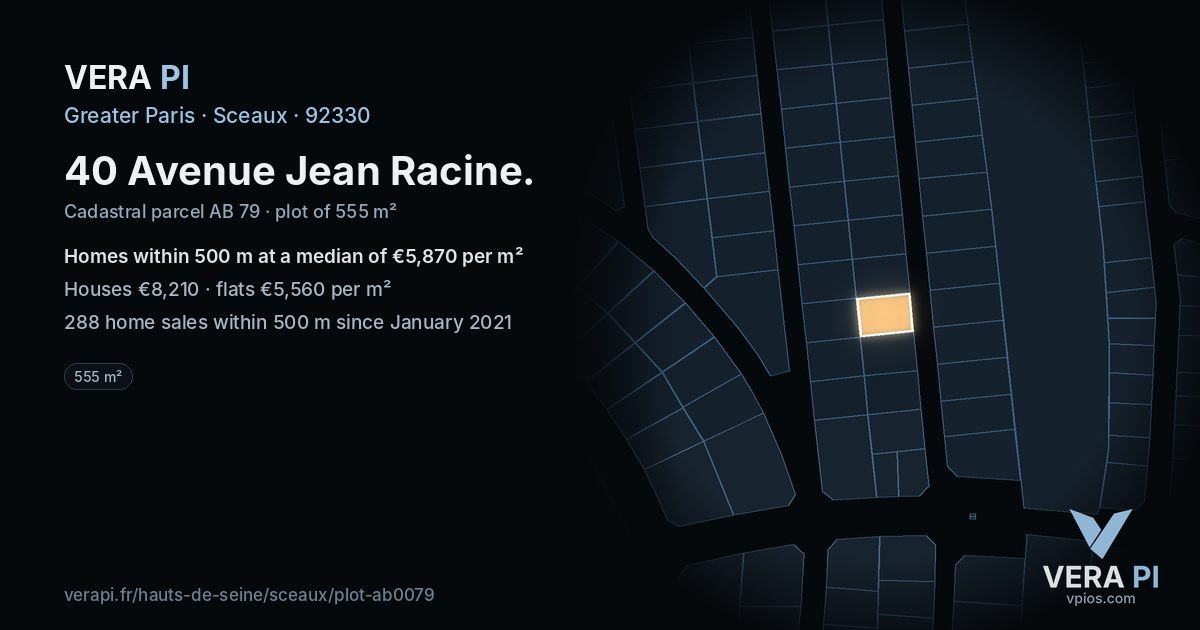 40 Avenue Jean Racine, Sceaux at night – the plot lit, the parcels around coloured by the prices near them