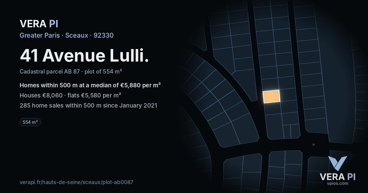 41 Avenue Lulli, Sceaux at night – the plot lit, the parcels around coloured by the prices near them