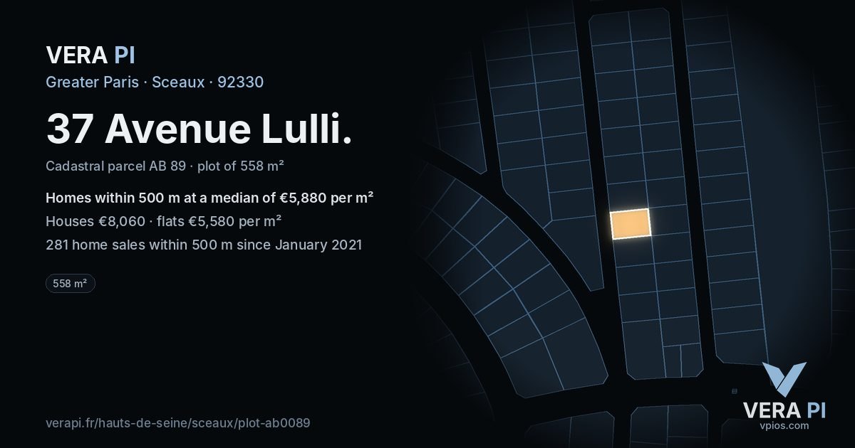 37 Avenue Lulli, Sceaux at night – the plot lit, the parcels around coloured by the prices near them