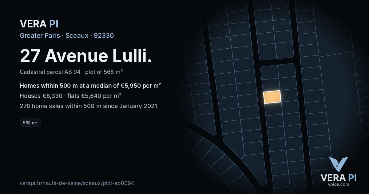27 Avenue Lulli, Sceaux at night – the plot lit, the parcels around coloured by the prices near them