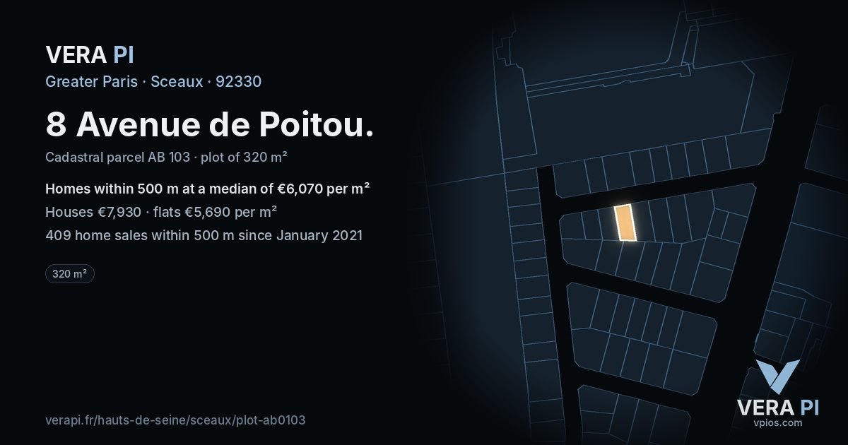 8 Avenue de Poitou, Sceaux at night – the plot lit, the parcels around coloured by the prices near them