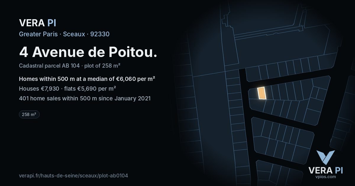 4 Avenue de Poitou, Sceaux at night – the plot lit, the parcels around coloured by the prices near them
