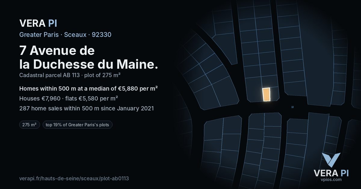 7 Avenue de la Duchesse du Maine, Sceaux at night – the plot lit, the parcels around coloured by the prices near them